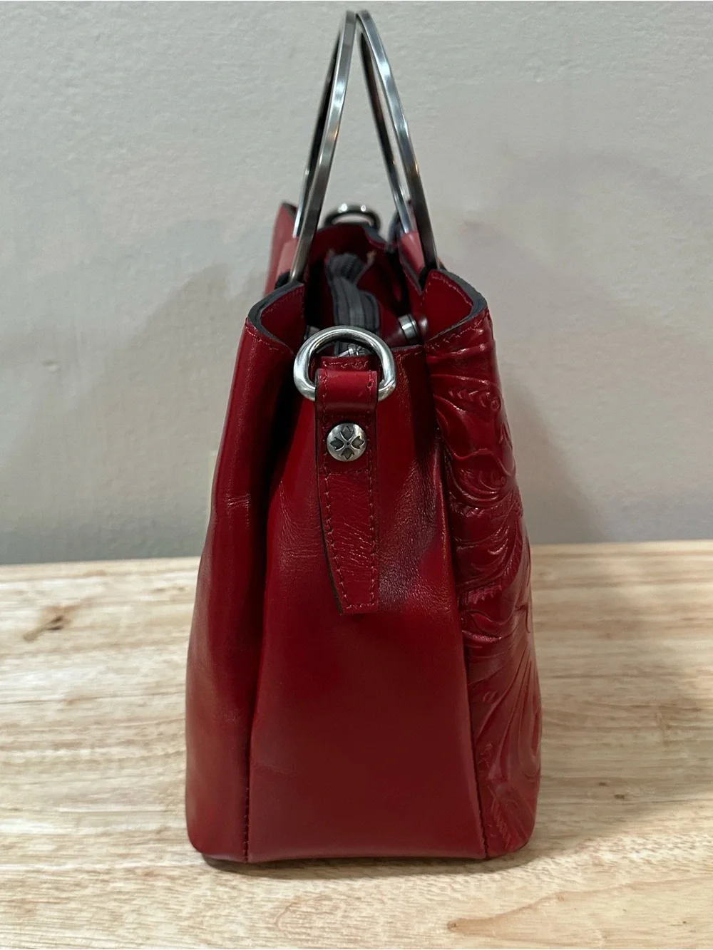 Patricia Nash Red Burnished Tooled Leather Top-Handle Satchel